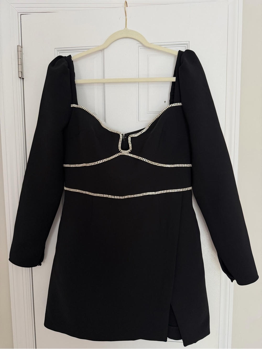 Self-Portrait Black Long-Sleeve Mini Dress with Crystal Trim